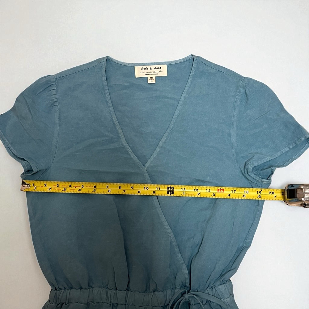 Cloth & Stone Anthropologie Linen Blend Jumpsuit Blue Wrap Short Sleeve Size M - Picture 7 of 16